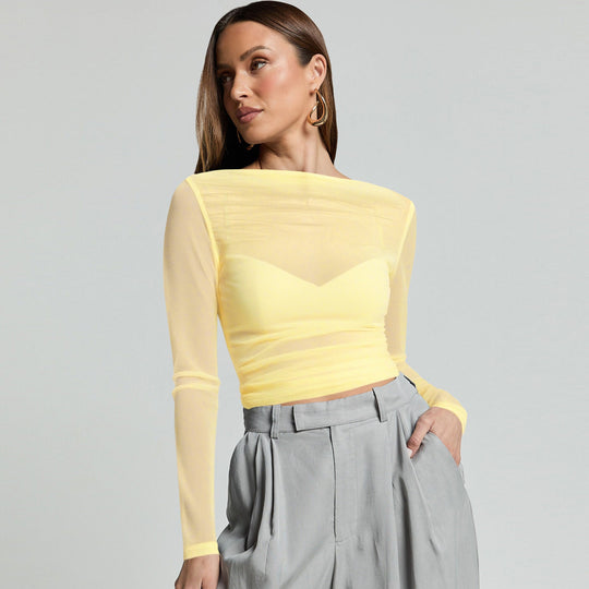 Damen Elegantes Langarmoberteil mit transparentem Mesh und Raffung