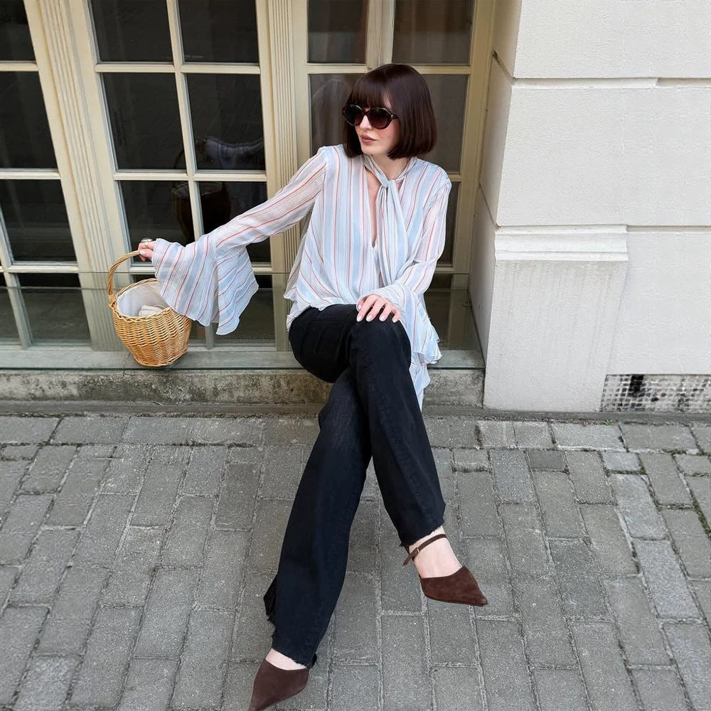 Damen Gestreifte Chiffon-Bluse mit Bindeschleife, Volant-Saum & Glockenärmeln Shop Nory