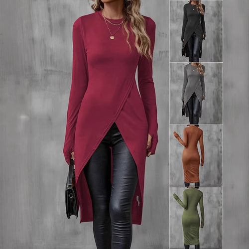Damen Langes asymmetrisches Wickel-Tunika-Top mit Frontschlitz Shop Nory