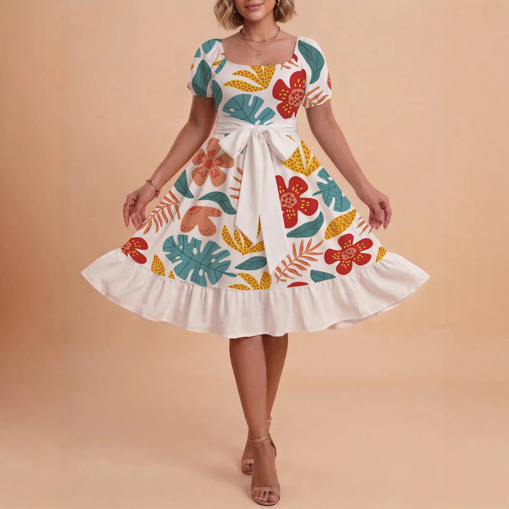Damen Sommerliches Blumenkleid mit taillierbarem Gürtel und voluminösen Ärmeln