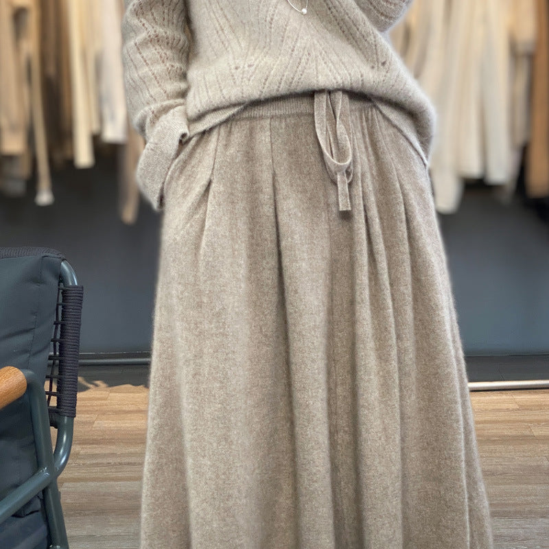 Damen Midilanger Kaschmir‑Optik Strickrock mit Falten und Kordelbund Shop Nory