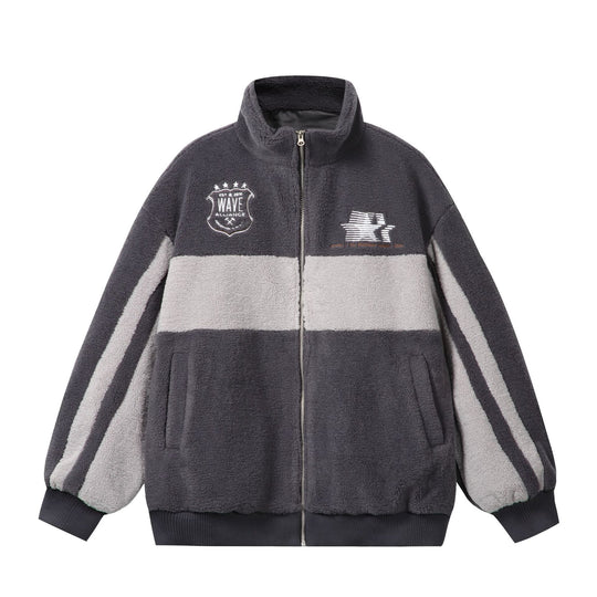 Unisex Sherpa‑Fleecejacke im Boxy‑Cut mit Stehkragen, Blockstreifen und Stickdetails Shop Nory