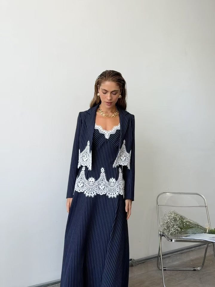 Damen Zweiteiliges Nadelstreifen-Blazer und Maxirock Set mit Spitzen-Camisole Shop Nory