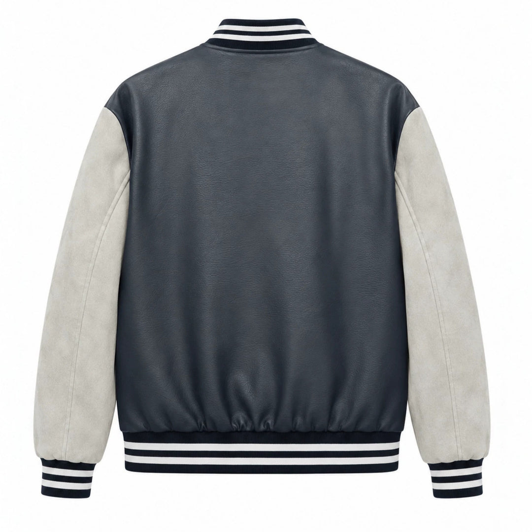 Herren Varsity-Bomberjacke im Retro-College-Stil mit Kunstlederkörper und Kontrastärmeln Shop Nory
