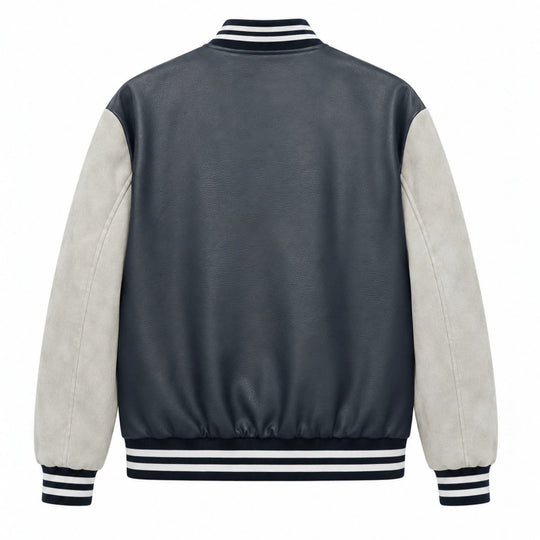 Herren Varsity-Bomberjacke im Retro-College-Stil mit Kunstlederkörper und Kontrastärmeln Shop Nory