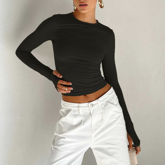 Damen Figurbetontes Crop-Longsleeve mit Daumenlöchern Shop Nory