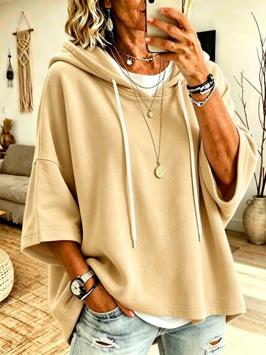 Damen Kurzarm-Oversize-Hoodie mit Kapuze und Kontrastkordel Shop Nory