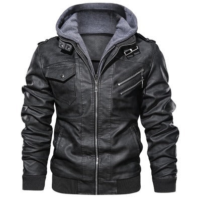 Herren Vintage-inspirierte Kunstleder-Bomber mit abtrennbarer Kapuzenblende und diagonalem Reißverschluss-Detail Shop Nory