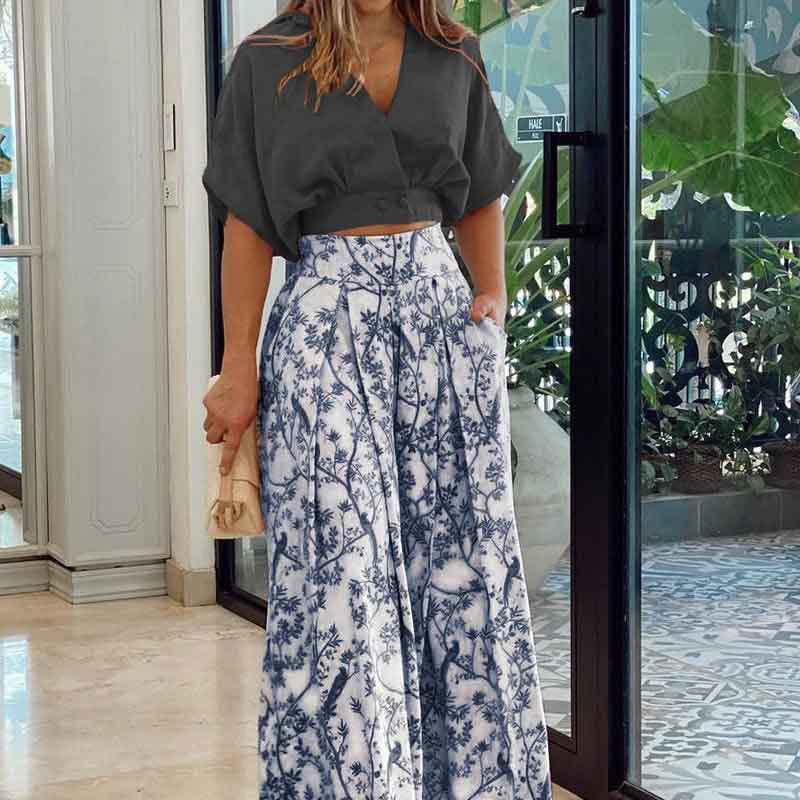 Damen Crop-Top Kombi-Anzug mit Weitem Rock und Floralem Muster