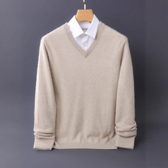 Herren Feiner V-Ausschnitt-Pullover aus Merino-Kaschmir-Mix mit gerippten Bündchen Shop Nory