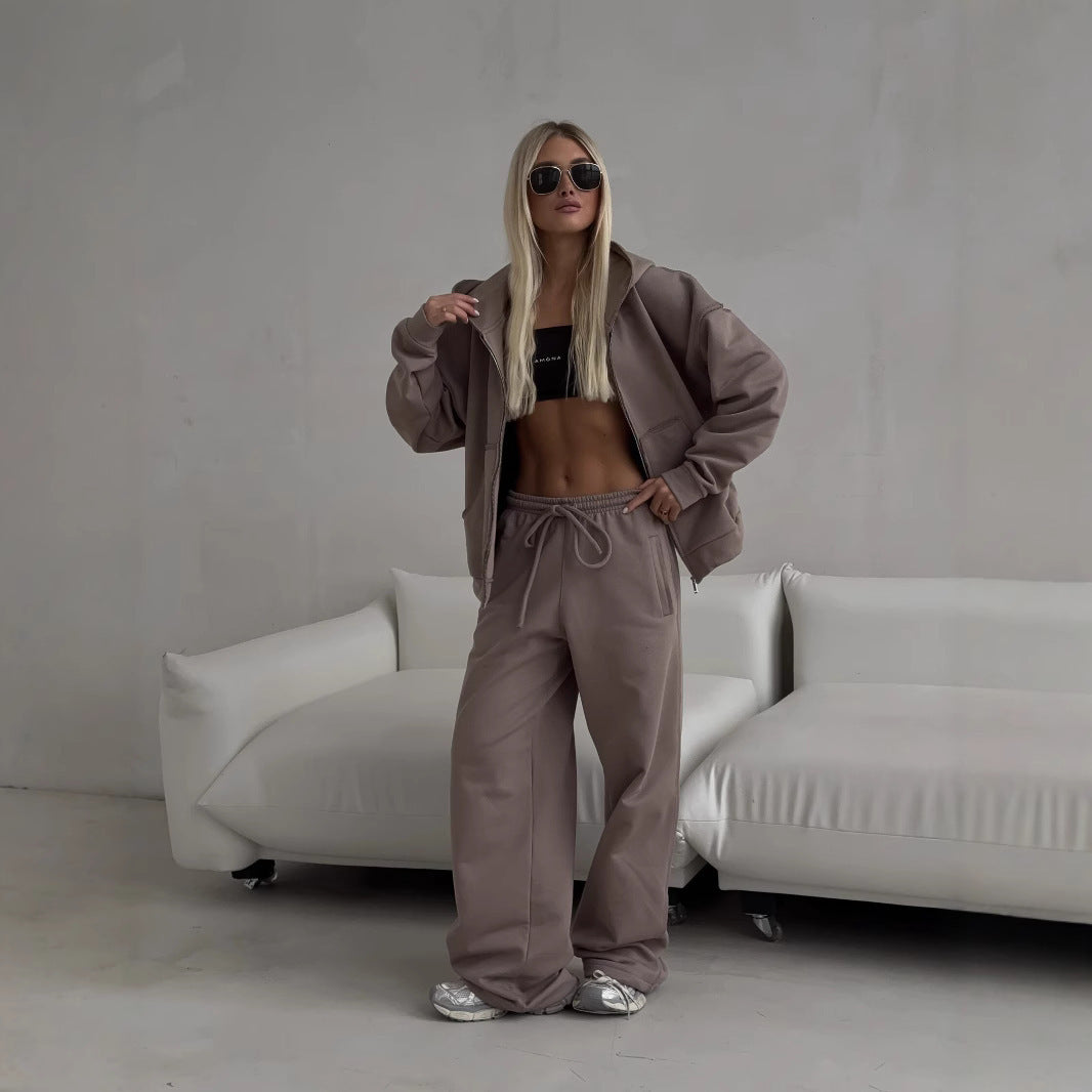 Damen oversized kurz geschnittener Kapuzenpullover und hochtaillierte Jogginghose Set aus Bio-Baumwollfleece Shop Nory