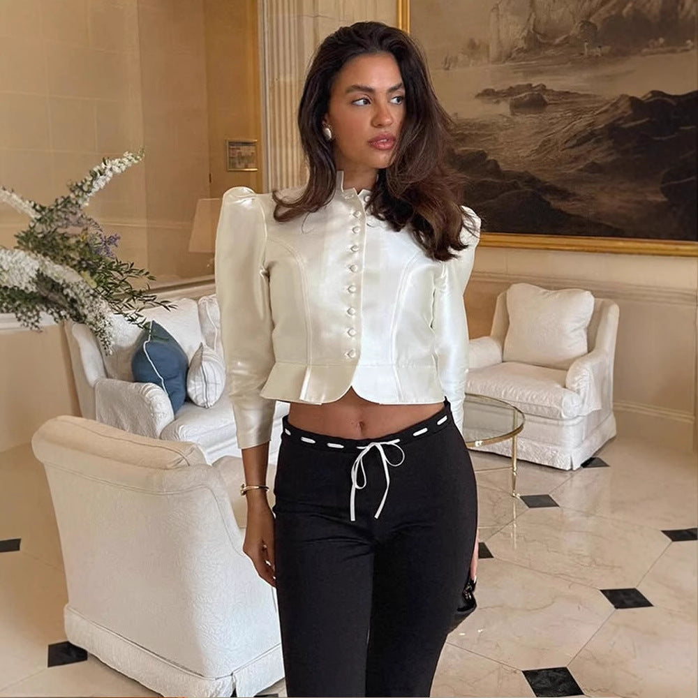 Damen Satin-Zweiteiler mit taillierter Kurzjacke, Stehkragen & High-Waist Weithose Shop Nory