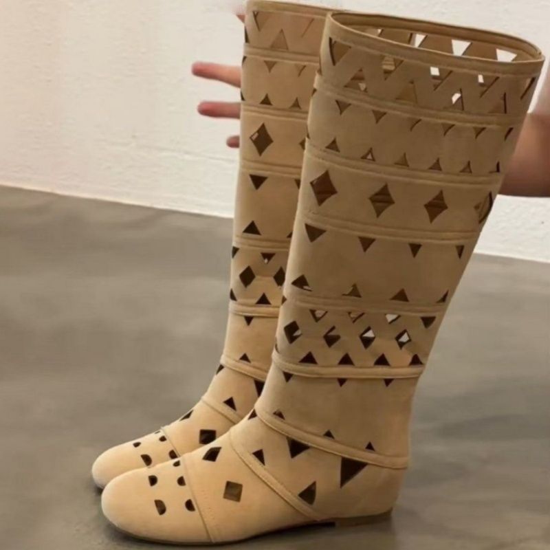 Damen Kniehohe Cut-Out Stiefel im Gladiator-Stil aus Velourslederoptik mit flacher Sohle Shop Nory