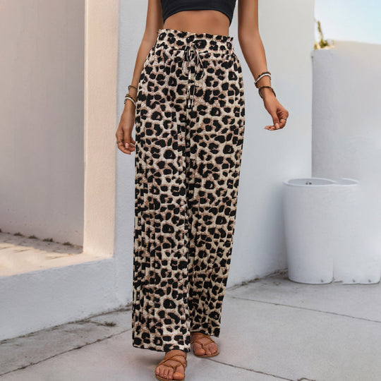 Damen Leichte Palazzo-Hose mit elastischem Bund, Bindekordel und Animal-Print Shop Nory
