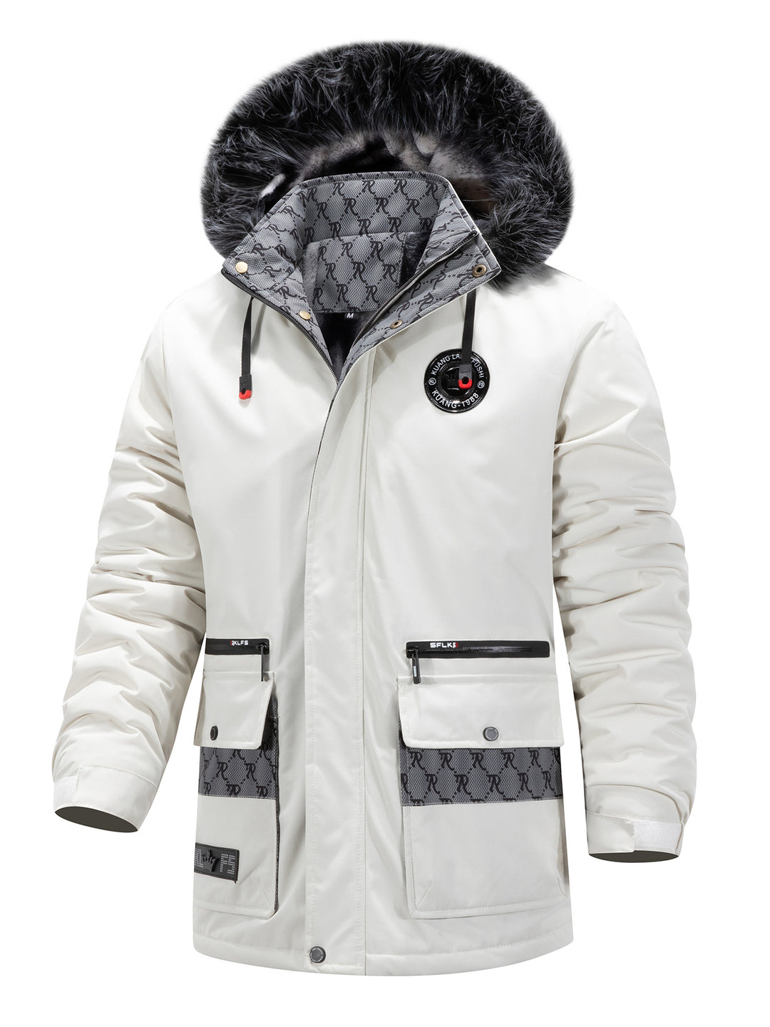 Herren Langer Thermo-Parka mit Kapuze, Logo-Innenfutter und Multifunktions-Taschen Shop Nory