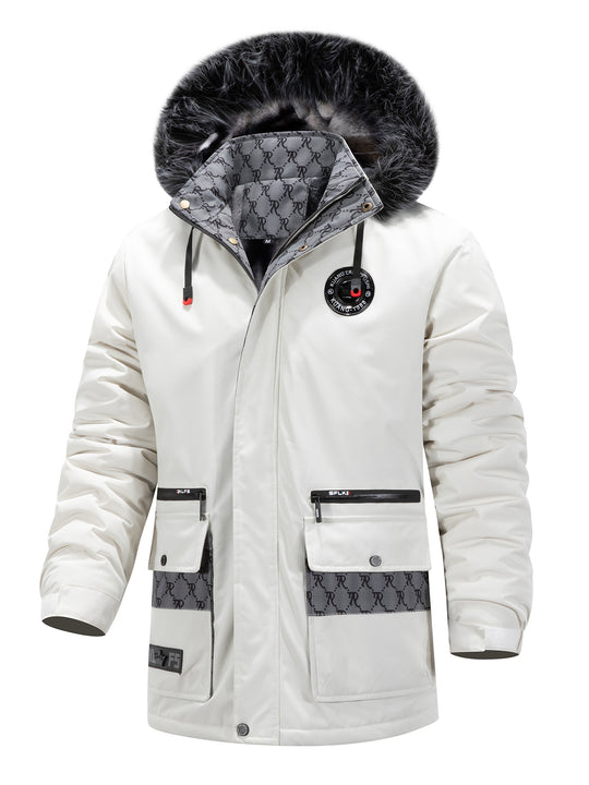 Herren Langer Thermo-Parka mit Kapuze, Logo-Innenfutter und Multifunktions-Taschen Shop Nory