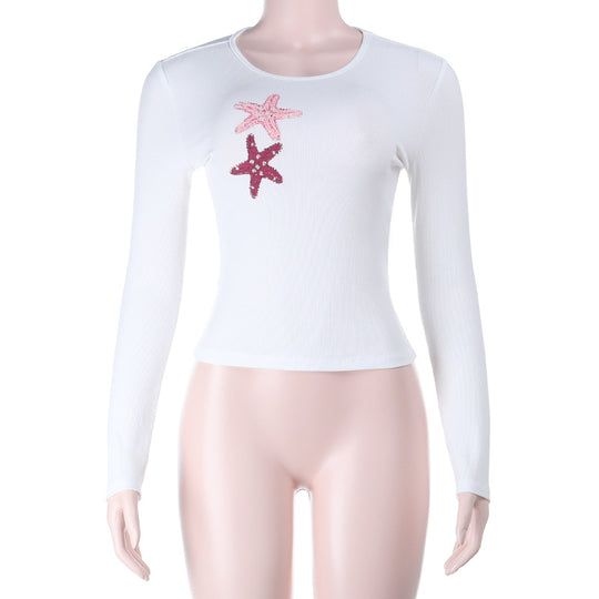Damen Tailliertes Rippen-Longsleeve-Crop-Top mit Pailletten-Seestern-Applikation Shop Nory