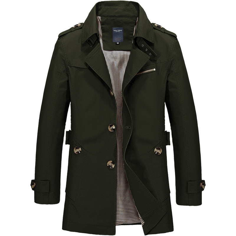 Herren Kurzer Doppelreihiger Trenchcoat mit Reverskragen, Schulterklappen und karierter Innenfütterung Shop Nory
