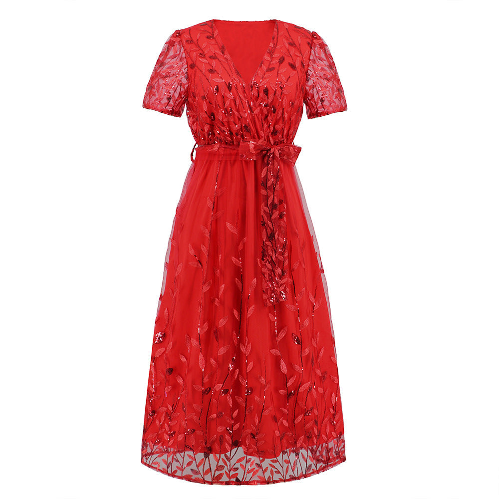 Kurzärmliges Kreuz V-Ausschnitt Gürtel Midi Kleid