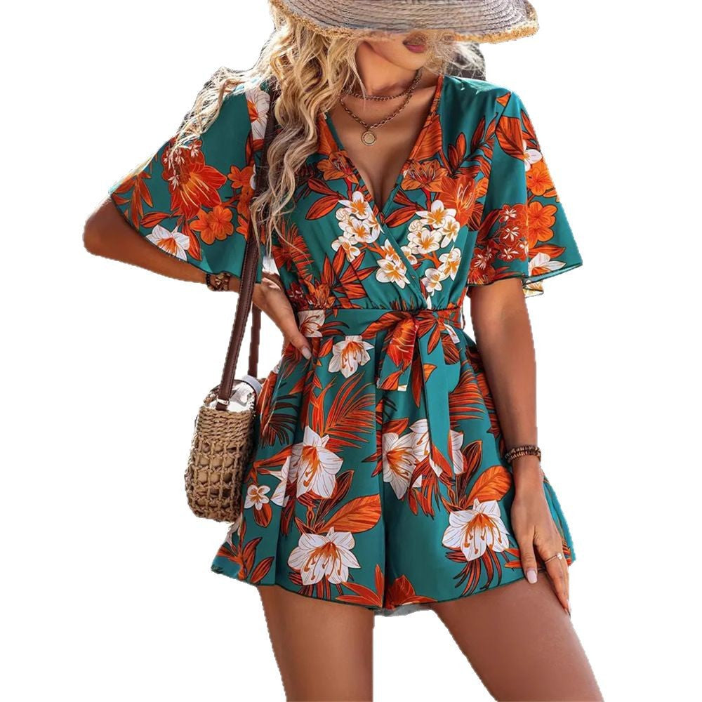 Damen floral gestalteter Wickel-Overall mit lässigem Schnitt Shopnory
