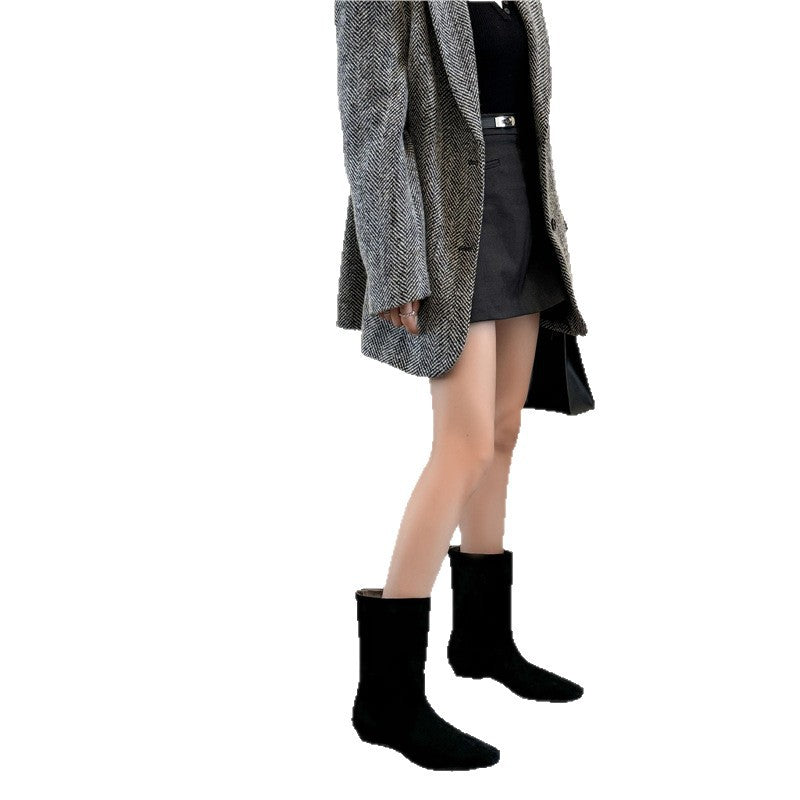 Damen halbhohe Veloursleder-Stiefel mit spitzer Zehenform und flacher Keilsohle Shop Nory
