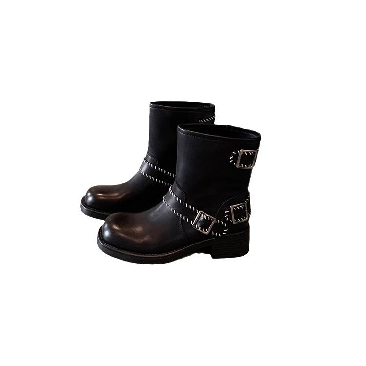 Damen Biker‑Stiefelette aus Glattleder mit dekorativer Ziernaht, Doppelriemen und robuster Profilsohle Shop Nory