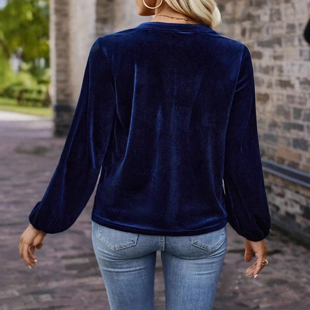 Damen Samtsweatshirt mit Henley-Knopfleiste, geraffter Brustpasse und lockerer Silhouette Shop Nory