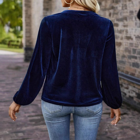 Damen Samtsweatshirt mit Henley-Knopfleiste, geraffter Brustpasse und lockerer Silhouette Shop Nory