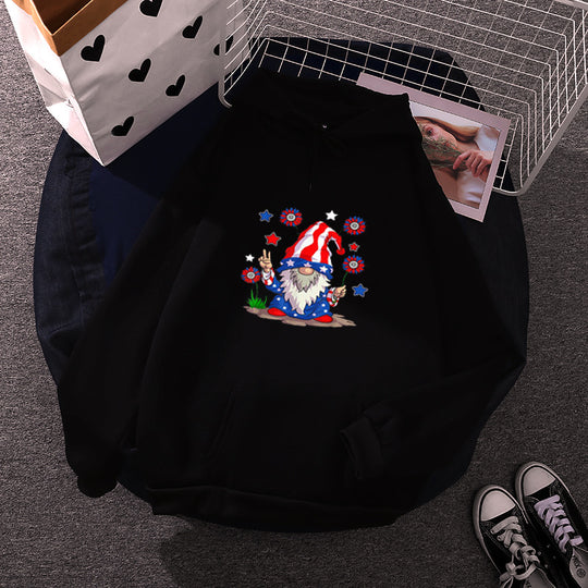Damen nan Kapuzenpullover mit patriotischem Gartenzwerg-Print, angerautem Fleece-Innenfutter, Oversize-Schnitt und Kängurutasche Shop Nory