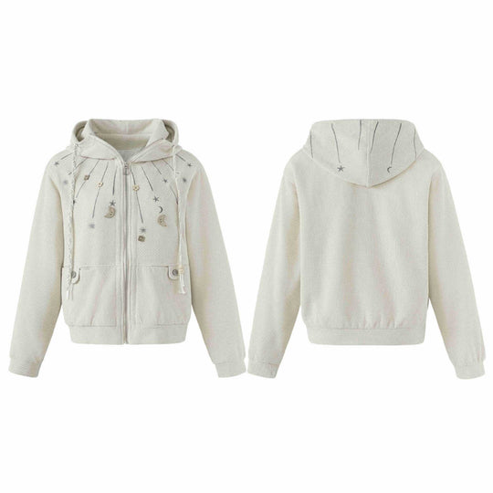 Damen Kurz geschnittene Kapuzenjacke aus Strukturstrick mit Stern- und Mondapplikation Shop Nory