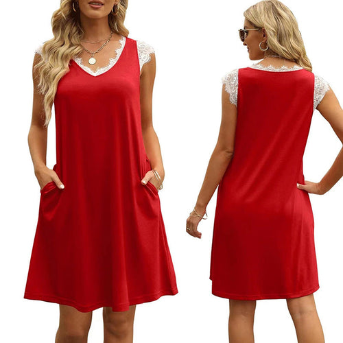 Damen ärmelloses Kleid mit Spitzendetail und seitlichen Taschen Shopnory