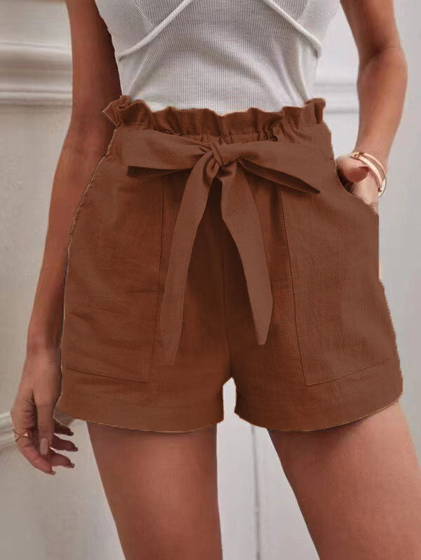 Damen kurze Lockere Leinenhose mit Bindegürtel