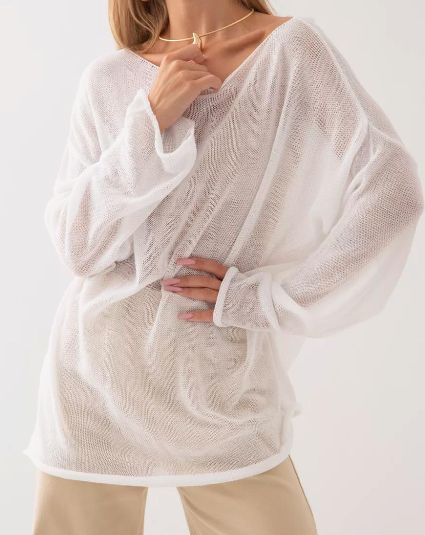 Damen luftige Strickbluse mit offenen Schultern und weiten Ärmeln