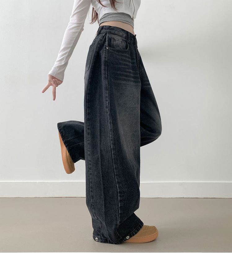 Damen Weite High-Waist Denim-Hose mit Faltenwurf