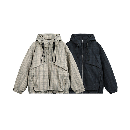 Unisex Oversize Utility Kapuzenjacke mit Karomuster und Kordelzug Shop Nory