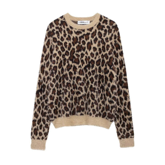 Damen Flauschiger Strickpullover mit Leopardenmuster und Rundhalsausschnitt Shop Nory