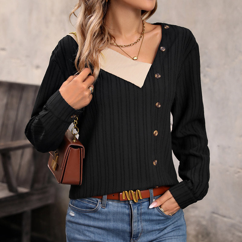 Damen Rippstrick-Top mit asymmetrischer Knopfleiste und kontrastierendem V‑Einsatz Shop Nory