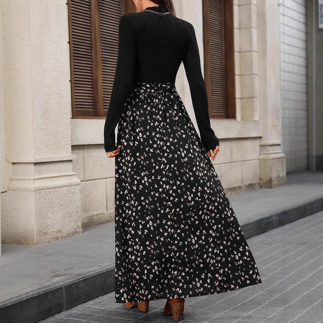 Damen Zweiteiliges Set aus Feinstrick‑Rollkragenoberteil und gemustertem Midaxi‑Rock mit Bindegürtel Shop Nory
