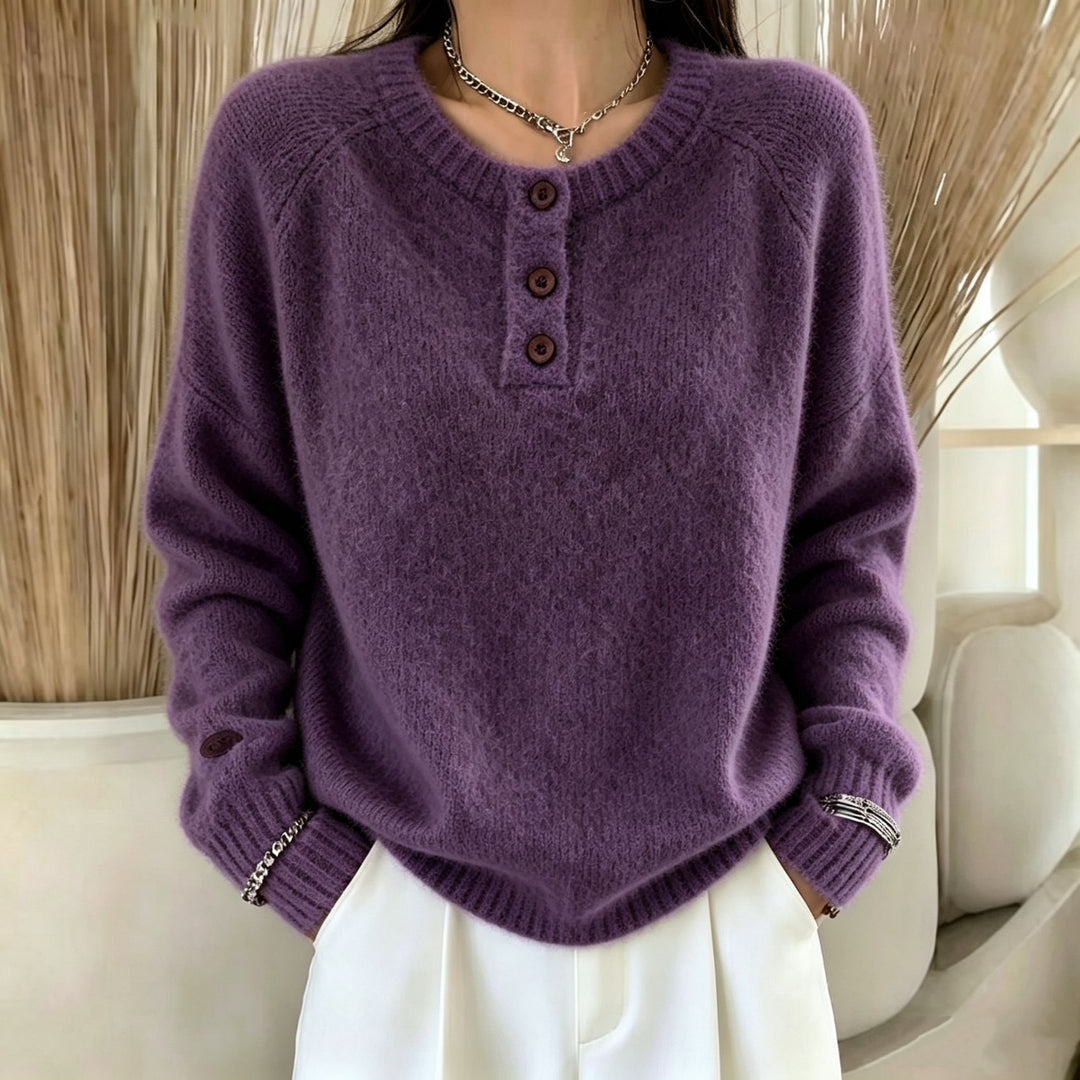 Damen Kuscheliger Rundhals-Henley-Pullover mit Knopfleiste und Raglanärmeln Shop Nory