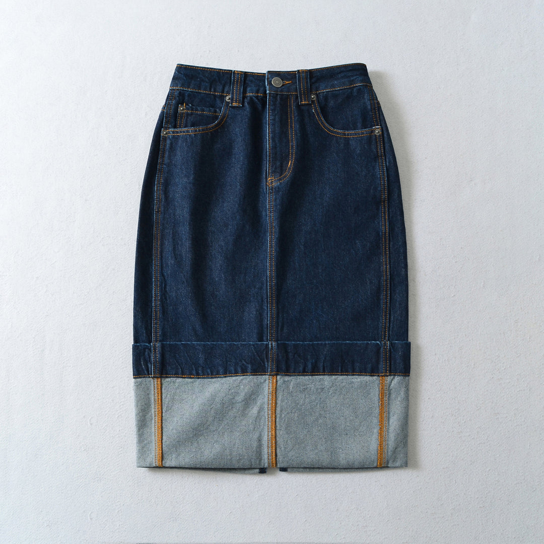 Damen Hochtaillierter Midirock aus Denim mit sichtbaren Nähten und umgeschlagener Saum Shop Nory