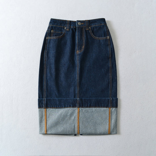 Damen Hochtaillierter Midirock aus Denim mit sichtbaren Nähten und umgeschlagener Saum Shop Nory