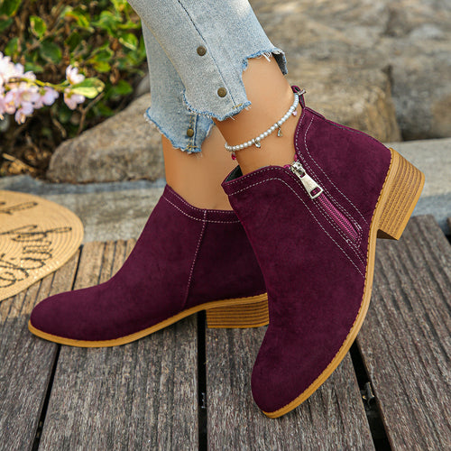 Damen elegante Ankle-Boots aus Velourslederimitat mit seitlichem Reißverschluss und niedrigem Blockabsatz Shop Nory