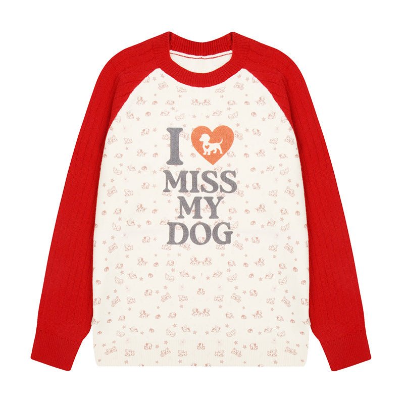 Damen Strickpullover mit Raglanärmeln, Allover-Hundemotiv und Statement-Print Shop Nory