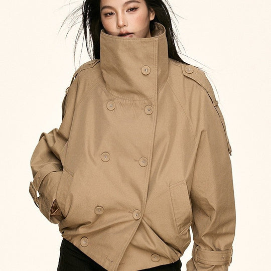 Damen Oversized Doppelreihige Trench-Bomberjacke mit hohem Stehkragen Shop Nory