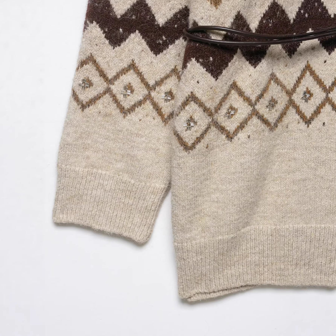 Damen Strickcardigan mit Zickzack-Jacquard, Paillettenbesatz und Taillengürtel Shop Nory