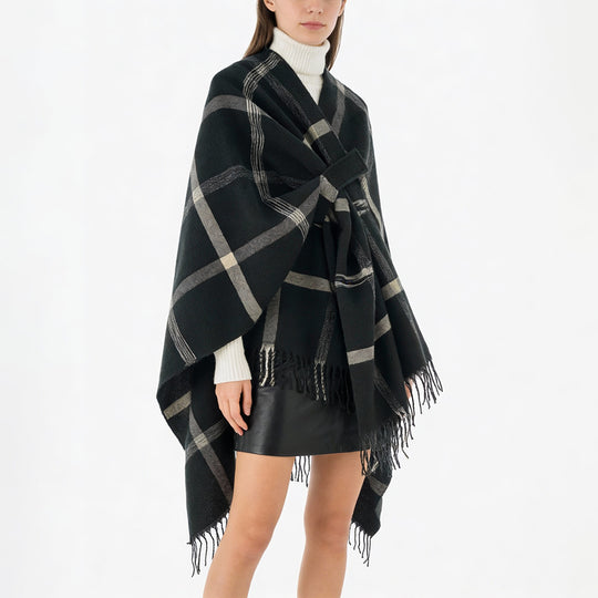 Damen Cape‑Poncho mit integriertem Bindegürtel, kastiger Oversize‑Silhouette und Fransensaum Shop Nory
