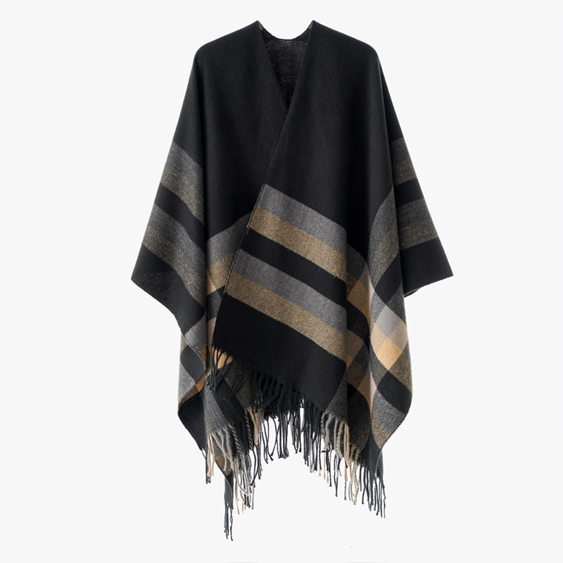 Damen Wollmix-Capeponcho im Oversize-Kimono mit Karomuster und Fransensaum Shop Nory