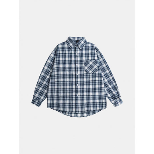 Unisex Oversize-kariertes Flanellhemd mit abgerundetem Saum und diagonaler Brusttasche Shop Nory