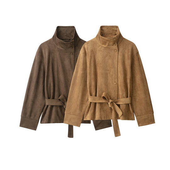 Damen Kurze Velourslederjacke mit hohem Stehkragen und Bindegürtel Shop Nory