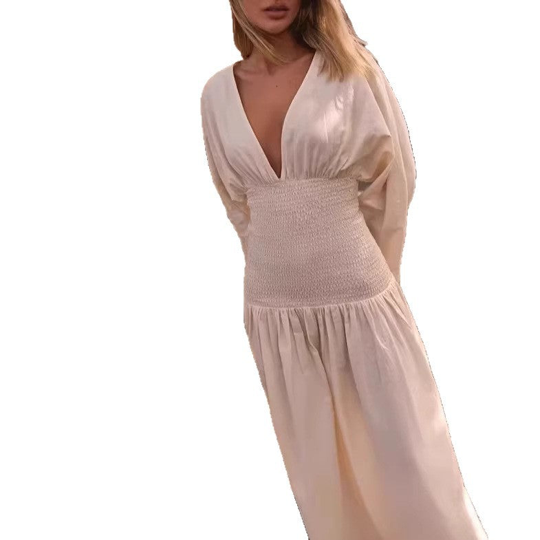Damen Langes Boho-Maxi-Kleid mit Smock-Taillenband, tiefem V‑Ausschnitt und weiten Ballonärmeln Shop Nory